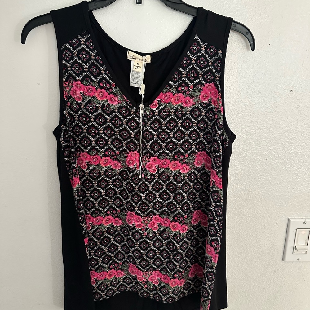 Black and Pink Geometric Tank Top with Keyhole Detail